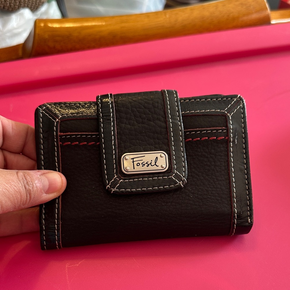 Fossil Black Leather Wallet with Red Stitching